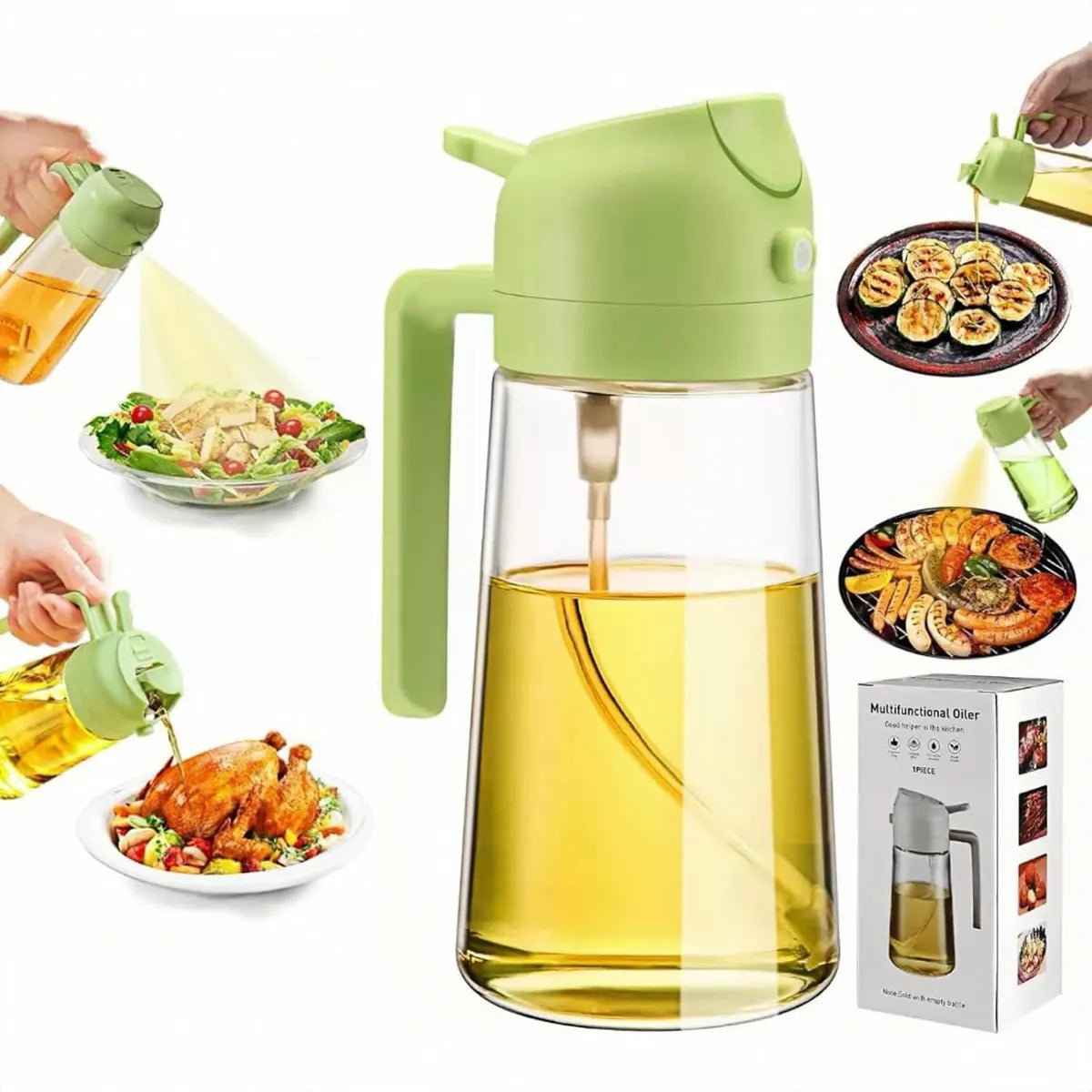 Oil Sprayer and Dispenser Glass Bottle 500ml, 2-in-1 with Premium Nozzle For Air Fryer